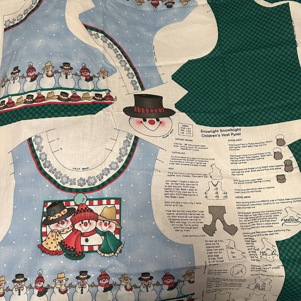 SNOWLIGHT SNOWBRIGHT CHILD'S SNOWMAN VEST Fabric PANEL Christmas Cut & Sew